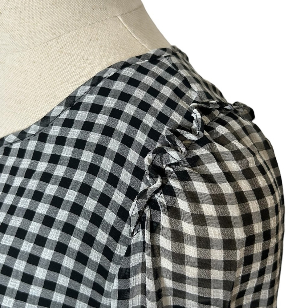 Max Studio Gingham Black White Plaid Long Sleeve Ruffle Tie Sleeve Blouse - Picture 13 of 16